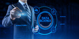 Fototapeta Konie - Data science analytics concept. Businessman pressing button on screen.