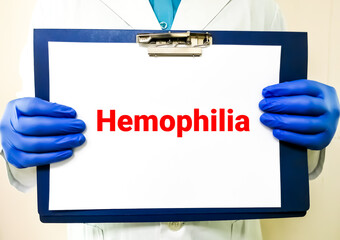 Sticker - Medical term Hemophilia on clip board, health and medical conceptual image.