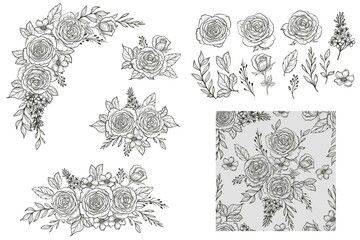 Wall Mural - hand drawn line art rose arrangement, isolated and seamless pattern