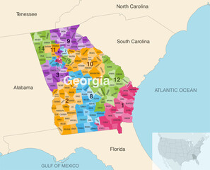 Wall Mural - Georgia's congressional districts (2013-2023) vector map with neighbouring states and terrotories