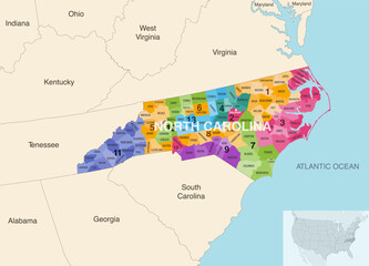 Wall Mural - North Carolina's congressional districts (2021–2023) vector map with neighbouring states and terrotories