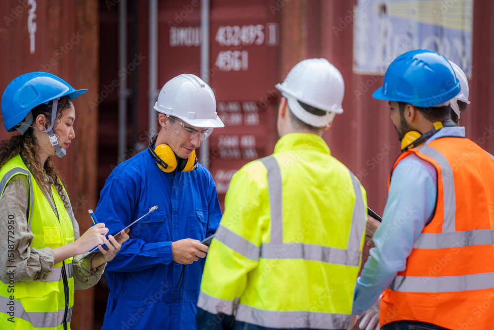 Engineer team inspect and checking stock into container for loading ...