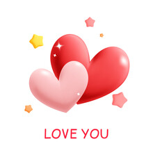 Glossy 3d Red And Pink Heart Shapes With Stars And I Love You Text Icon Design. Love Symbol Social Media Concept. Like, Good, Vote, Love Feedback Sign. Valentines Day
