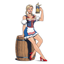 Oktoberfest Girl Wearing A Traditional Bavarian Dirndl Costume, Sitting On A Beer Barrel And Holding A Beer Mug. Young Attractive Blonde German Woman. Pin Up Style Vector Illustration.
