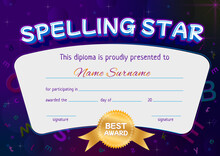 Kids Diploma Template. Certificate Of Achievement In Spelling Competition. School, Preschool, Kindergarden Diploma Design. Space Background. Vector, Fully Editable.