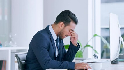 Aufkleber - Angry businessman annoyed with his broken computer, getting frustrated while sitting in a modern office. Annoyed male looking upset with slow internet and bad connection while browsing