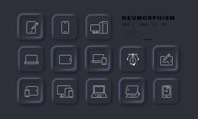 Poster - Smart devices set icon. Phone, tablet, stylus, personal computer, system unit, graphic, broadcasting, stand, ebook. Technology concept. Neomorphism style. Vector line icon for Business and Advertising
