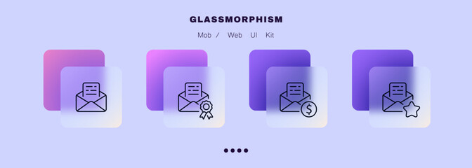 Poster - Emails set icon. Letter, envelope, management, website buttons, award ribbon, dollar sign, star, important, financial report. Business concept. Glassmorphism style. Vector line icon for Business