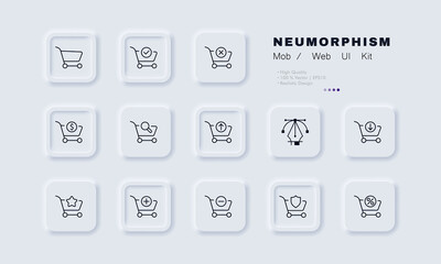 Poster - Buttons for online store with shopping carts set icon. Percent, shield, plus, minus, add, remove, star, arrow, magnifier, dollar, cross, tick. Sale concept. Neomorphism. Vector line icon for Business