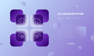 Poster - Settings of cloud storage set icon. Arrow, refresh page, upload, download, gear, control panel, neural network, metaverse, store data. Technology concept. Glassmorphism. Vector line icon for Business