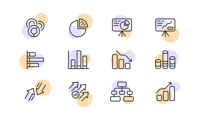 Poster - Statistical diagrams set icon. Analysis, pie and bar chart, donut, flipchart, board, arrow, rise, fall, data transfer, marketing, work. Business analytics concept. Vector line icon for Business