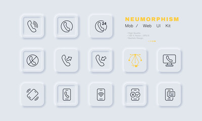 Poster - Phone services set icon. Landline, call, 24, around the clock, incoming, outgoing, computer, wifi, tick, cross, accept, decline, message. Business concept. Neomorphism. Vector line icon for Business