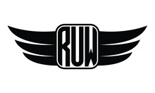 RUW Three Letter Wings Flying Initial Wing Symbol Minimalist Creative Concept Flag Icon Professional Logo Design Vector Template With Abstract Black And White Tattoo