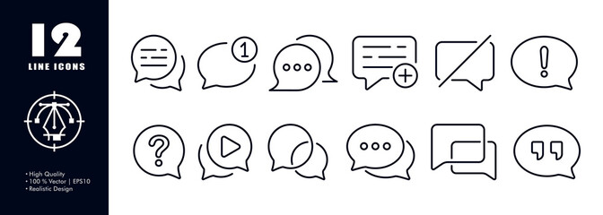 Poster - Speech bubbles set icon. New incoming message, comment, email, online, internet, exclamation and question marks, play button, quotes, crossed out. Communication concept. Vector line icon for Business