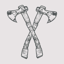 Two Fighting Axes Of Vikings - Vector Illustration - Out Line