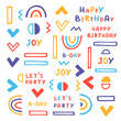 © Libradaria - Bright and minimalistic universal festive set of cute geometric figures-doodles and inscriptions. The perfect collection for various events, birthday parties, greetings, wrappers, postcards, textile