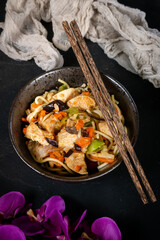 Poster - Fried noodles with chicken and vegetables.