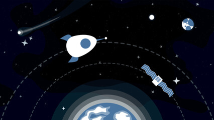 Wall Mural - space technology around earth cartoon flat style