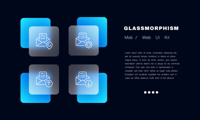 Poster - Emails set icon. Working communication, envelope, letter, message, map pointer, gear, arrow up and down, upload, download. Business concept. Glassmorphism style. Vector line icon for Business