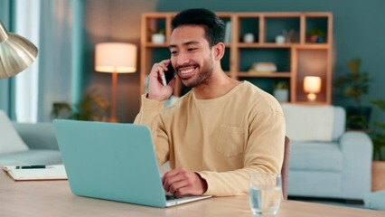 Aufkleber - Freelancer and entrepreneur answering call to chat and network with clients and friends. Young guy consulting while planning online. Man talking on a phone while working remotely on a laptop at home