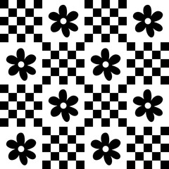 cute y2k patchwork floral seamless pattern background, black and white monochrome checkerboard and d