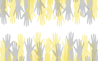 Wall Mural - Hands of people with different skin colors, different nationalities and religions. Activists, feminists and other communities fight for equality. White horizontal background with copy space. 