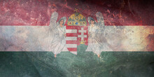 Top View Of Retro Flag Hungary 1915 1918 Austria With Grunge Texture. Austrian Patriot And Travel Concept. No Flagpole. Plane Design, Layout. Flag Background