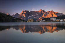 Sunrise Over Lake Misurina In Dolomites