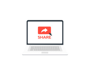 Poster - Sharing website page via share button  in laptop computer screen  logo design. Concept of social media advertising, online marketing internet technology vector design and illustration