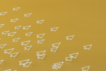 Fototapete - abstract background. patterns of white arrows of a computer mouse flying up on a yellow background with a place to place products or text. 3d illustration. 3d render