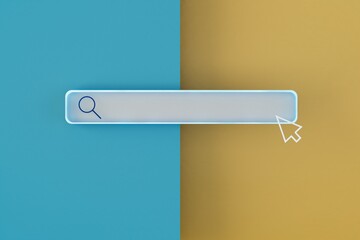 Fototapete - search bar on a blue and yellow background with a computer mouse hovering over it. searching for information on the Internet. modern information retrieval technologies. 3d illustration. 3d render