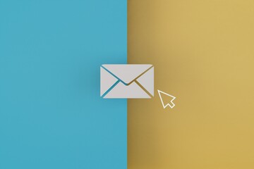 Fototapete - Email. modern technologies. checking for new messages in email. an envelope with a computer mouse hovering over it on a blue and yellow background. 3d illustration. 3d render