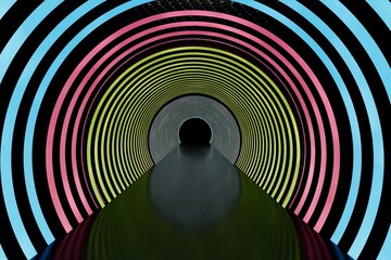 Poster - abstract background. a tunnel with a black floor and a roof with half-rings of different colors illuminated by neon light. perspective. 3d illustration. 3d render