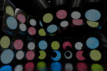 Poster - abstract background. tunnels of different colors and structures illuminated with neon light on a black background. 3d illustration. 3d render