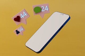 Fototapete - the concept of communication and work thinking is fixated on social networks. smartphone on a yellow background next to which icons of messages, likes, subscribers. 3d render