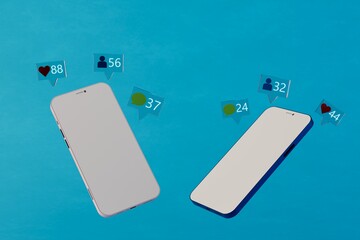 Poster - the concept of communication and work in instagram,facebook. exchange of information between gadgets.two smartphones on a blue background next to which icons of messages,likes, subscribers. 3d render