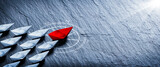 Fototapeta Zachód słońca - Red Paper Boat On Compass Leading A Fleet Of Small White Boats - Business Leadership Concept
