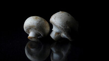 Champignons On A Black Background. Frame. Two Mushrooms Isolated On Black Reflective Background.