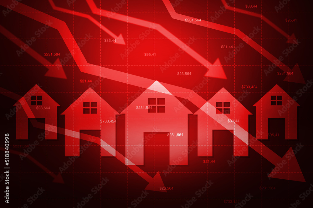 Real estate market crash concept with red homes and graph arrows going ...