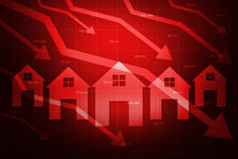 Real Estate Market Crash Concept With Red Homes And Graph Arrows Going Down. Latest Market Crash Backdrop