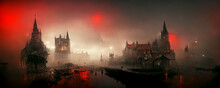Alte Englische Stadt Aus Dem Letzten Jahrhundert Mit Nebel Und Rotem Licht