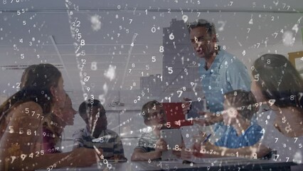 Poster - animation of binary coding over caucasian male teacher teaching group of diverse students at school