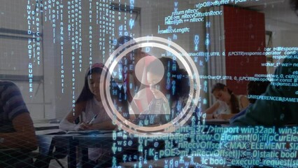 Poster - animation of data processing over caucasian teacher teaching two diverse girls at school