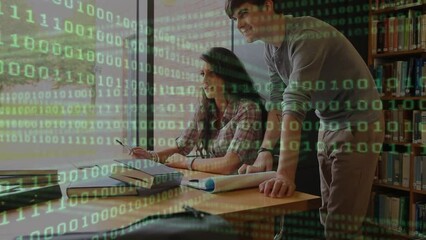 Poster - Animation of binary code over caucasian students learning in library