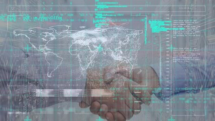 Poster - Animation of world map and data processing over businessman handshake