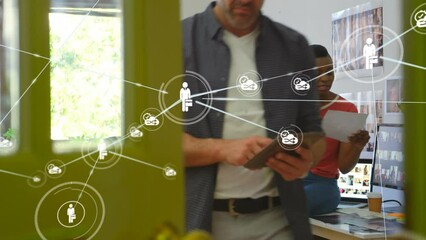 Poster - Animation of network of connections over diverse businesspeople in office