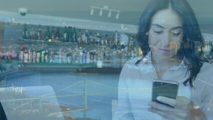 Poster - Animation of caucasian woman using smartphone over seascape
