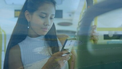 Wall Mural - Animation of asian woman using smartphone over seascape