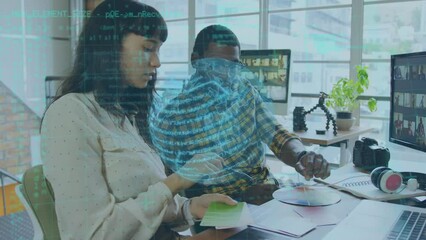 Poster - Animation of globe and data over diverse coworkers in office