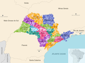  Brazil state Sao Paulo administrative map showing municipalities colored by state regions (mesoregions)